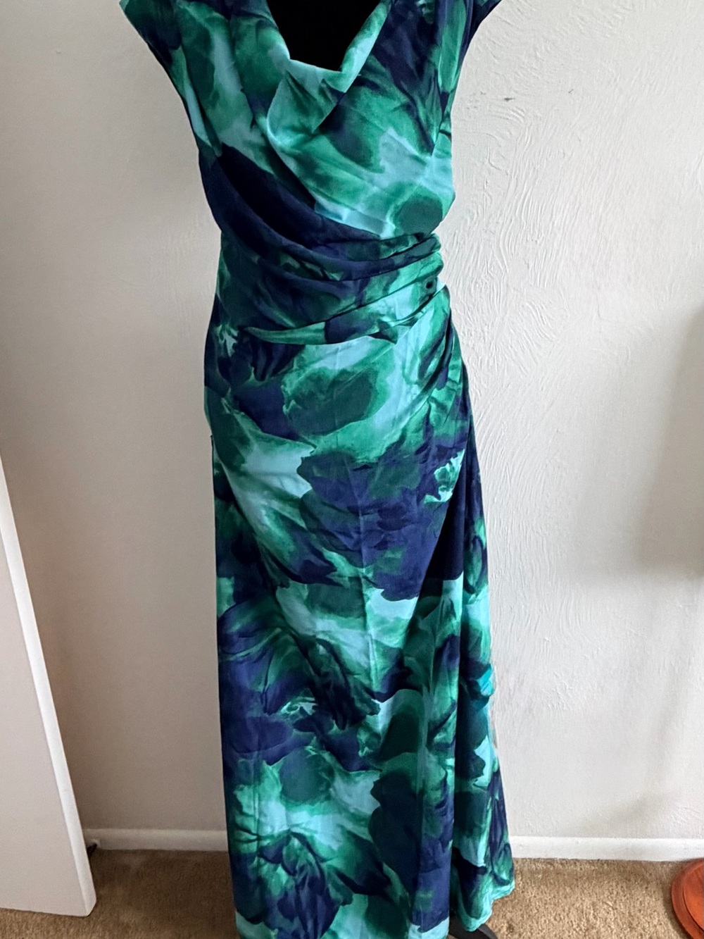 SHEIN Green & Navy Floral Cowl Wrap Maxi Dress